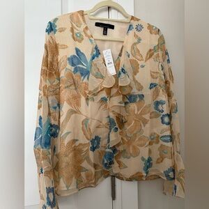 White House Black Market brand Floral Ruffle Blouse - Blue and Cream